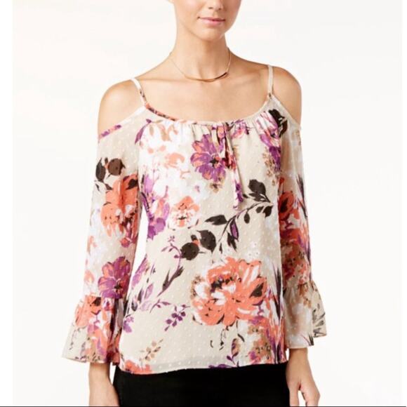 INC Floral Cream Purple Cold Shoulder Long Bell Sleeve Blouse Women’s - Picture 11 of 11